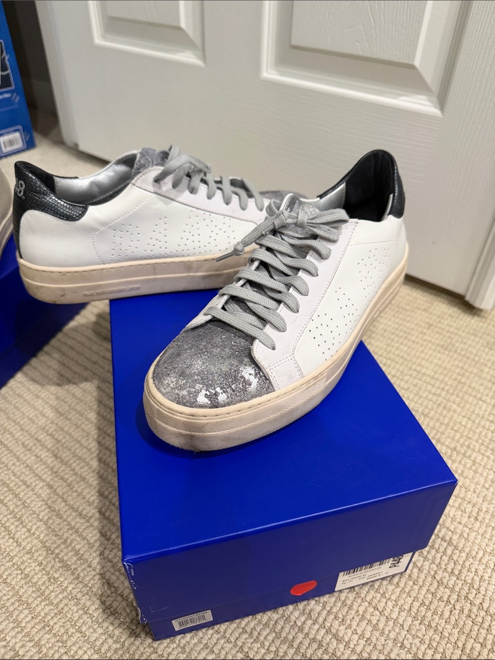 P448 White Leather Sneakers with Gray Toe and Black Heel